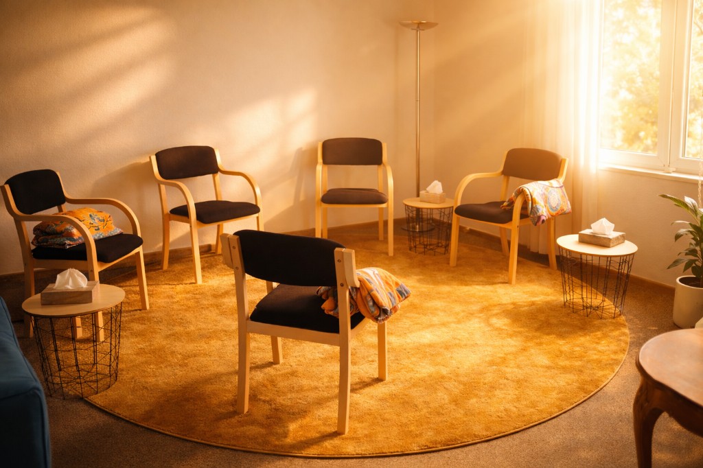 Gruppentherapieraum für systemische Gruppentherapie und Seminare in der Psychotherapiepraxis Handl, Berlin-Wilmersdorf (Schmargendorf): Sitzkreis mit Stühlen in hellem Tageslicht.